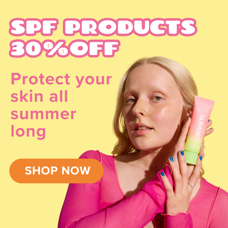 A promotional graphic for SPF products with large pink text reading 'SPF PRODUCTS 30% OFF' and 'Protect your skin all summer long,' plus an orange 'SHOP NOW' button. A woman in a bright pink top holds a pastel gradient sunscreen tube against a pale yellow background.