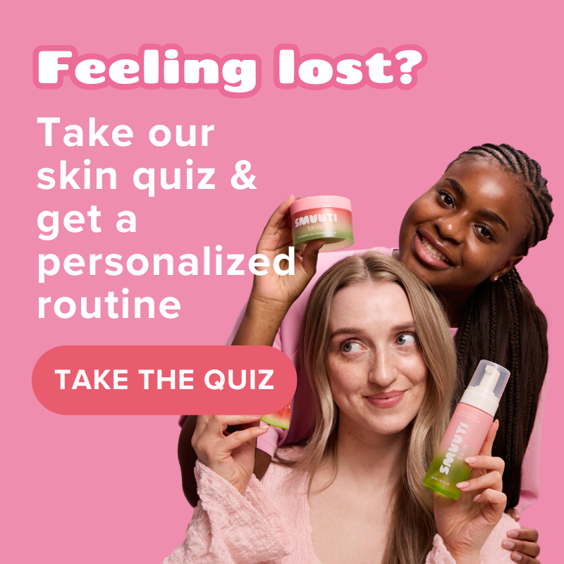 Promotional graphic with a pink background featuring two women holding skincare products from Smuuti skin. Large text reads 'Feeling lost? Take our skin quiz & get a personalized routine' with a 'TAKE THE QUIZ' button.