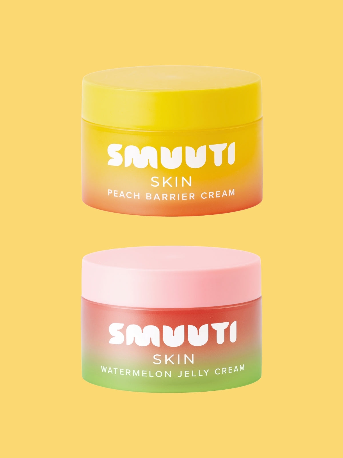 Two jars of SMUUTI Skin cream on a yellow background