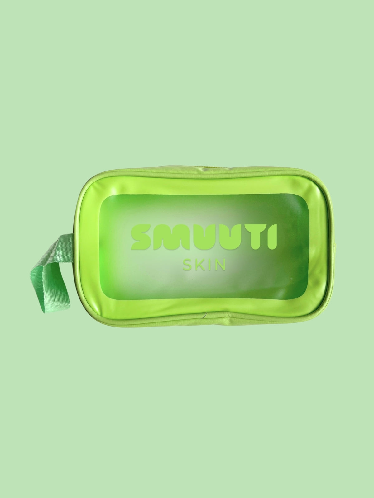Green cosmetic bag with 'SMUuTI SKIN' branding on a light green background