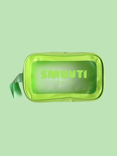 Green cosmetic bag with 'SMUuTI SKIN' branding on a light green background