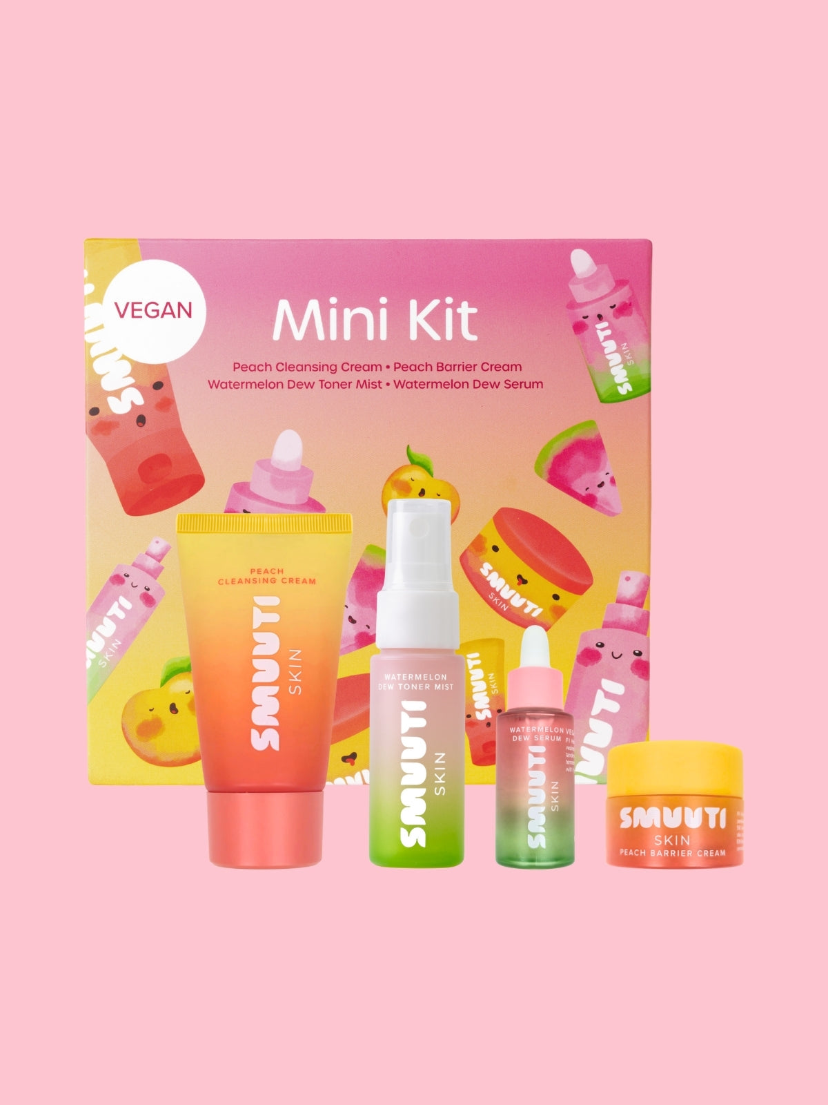 Smuuti Skin mini kit, mini skincare kit with colorful packaging on a pink background