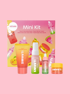 Smuuti Skin mini kit, mini skincare kit with colorful packaging on a pink background