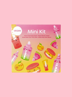 Smuuti Skin mini skincare kit packaging with cartoon illustrations on a pink background