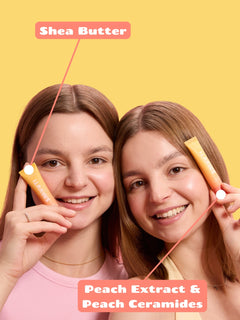 Two people holding Smuuti Skin peach lip masks with 'Shea Butter' and 'Peach Extract & Peach Ceramides' text on a yellow background.