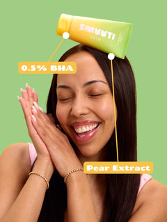 Woman balancing Smuuti Skin pear cleansing gel on her head with text highlighting '0.5% BHA' and 'Pear Extract' on a green background.