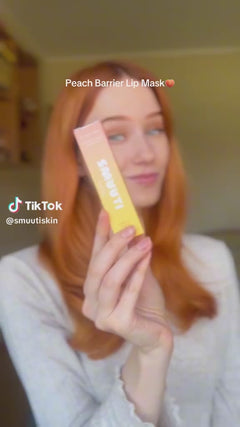 video of person applying Smuuti Skin peach lip mask with text highlighting product benefits