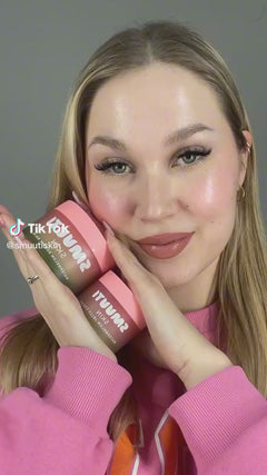 person removing their makeup with watermelon sorbet balm, then applying watermelon dew toner mist, serum and jelly cream