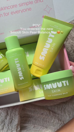 video showing Smuuti Skin pear balance skincare line in colorful shipping box with the text: pov - you ordered the new Smuuti Skin pear balance line