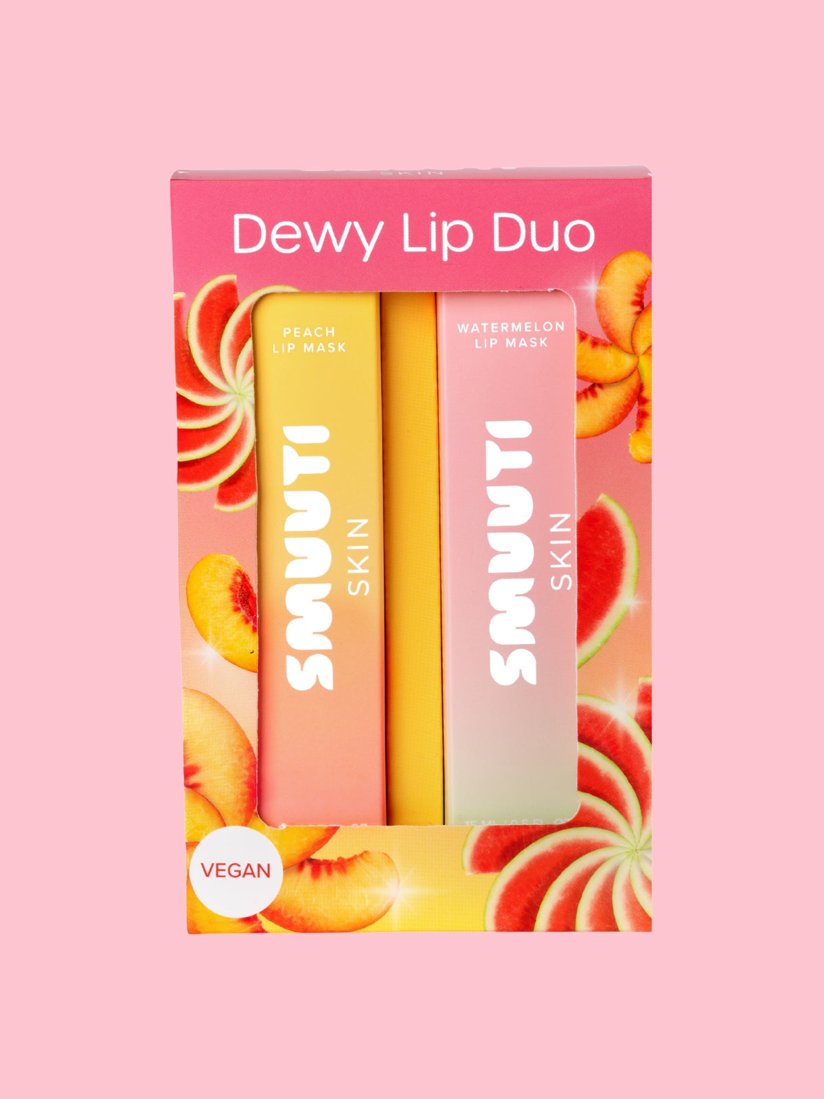 Smuuti Skin Dewy Lip Duo packaging with watermelon and peach illustrations on a pink background