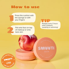 smuuti skin peach sun cushion with usage instructions on a yellow background