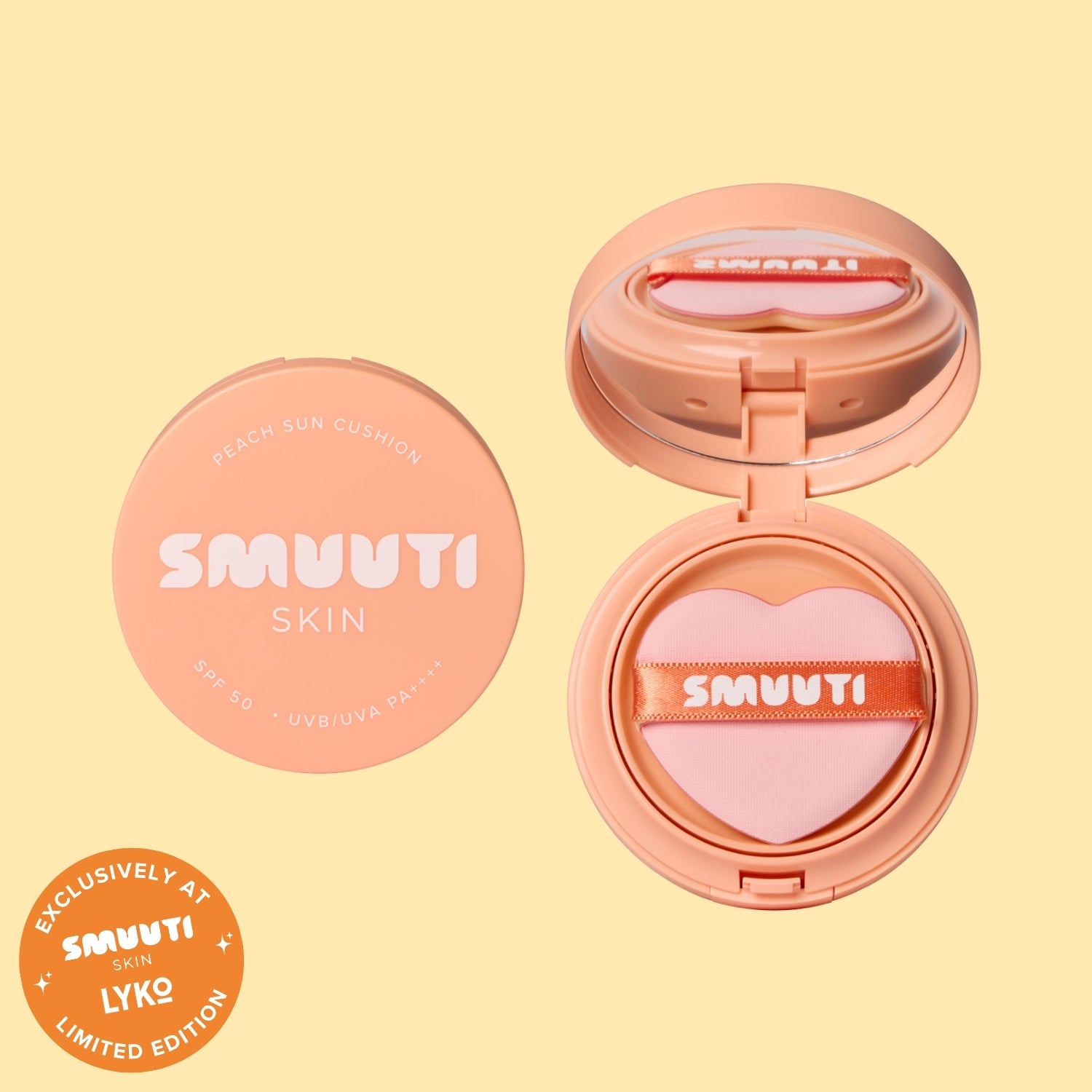 smuuti skin peach sun cushion with heart-shaped sponge applicator on a light yellow background