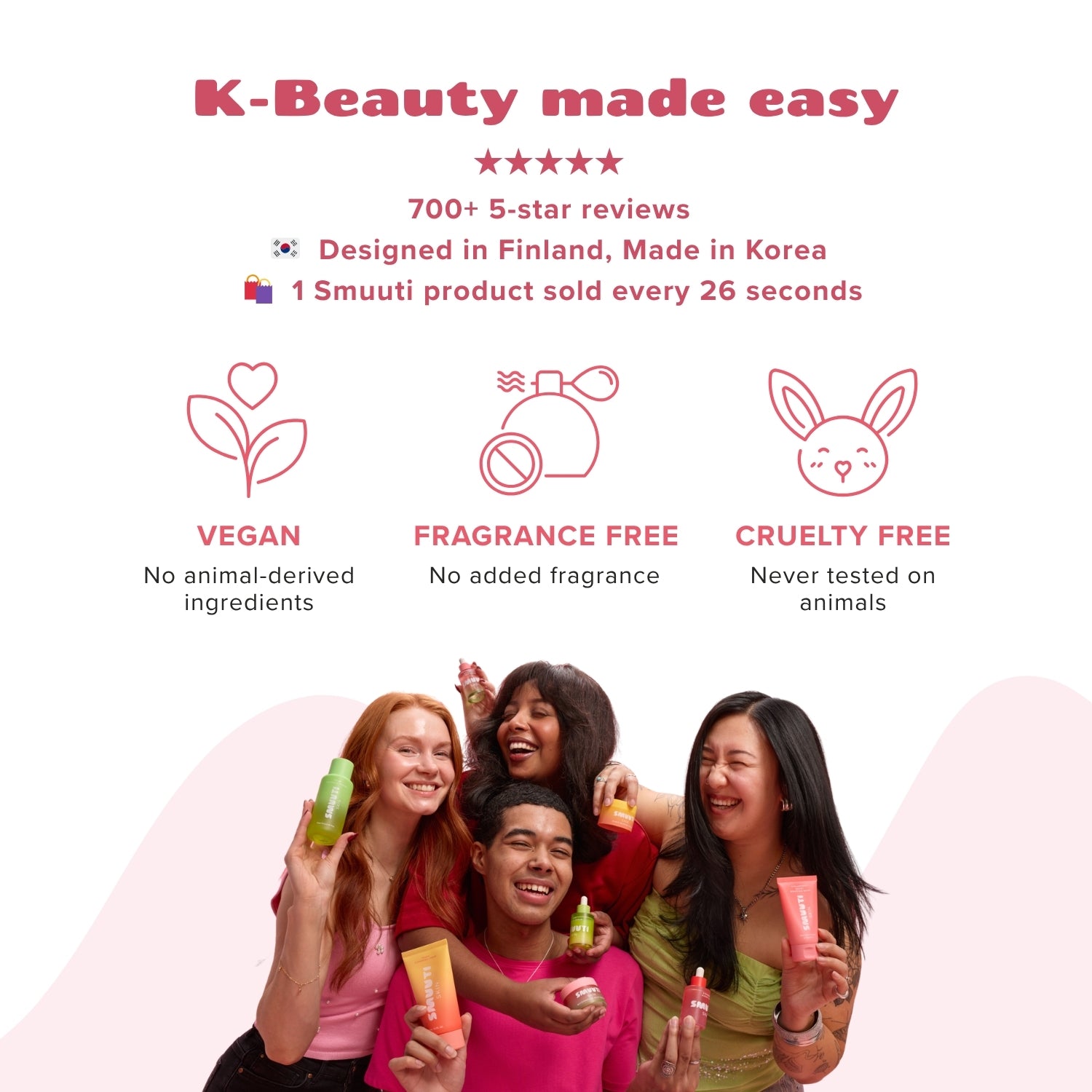 smuuti skin - k-beauty made easy. 700+ 5-star reviews. designed in finland, made in korea. 1 smuuti product sold every 26 seconds! vegan, fragrance free and cruelty free.
