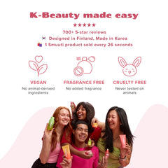 smuuti skin - k-beauty made easy. 700+ 5-star reviews. designed in finland, made in korea. 1 smuuti product sold every 26 seconds! vegan, fragrance free and cruelty free.