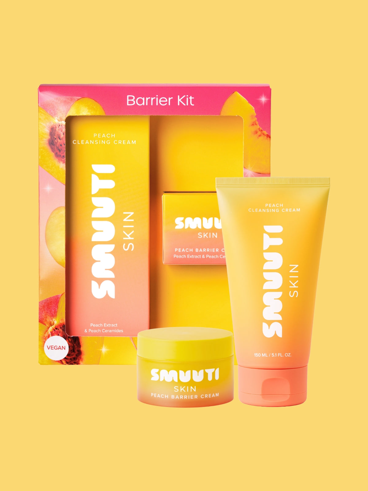 SMUUTI Skin barrier kit with peach cleansing cream and peach barrier cream on a yellow background
