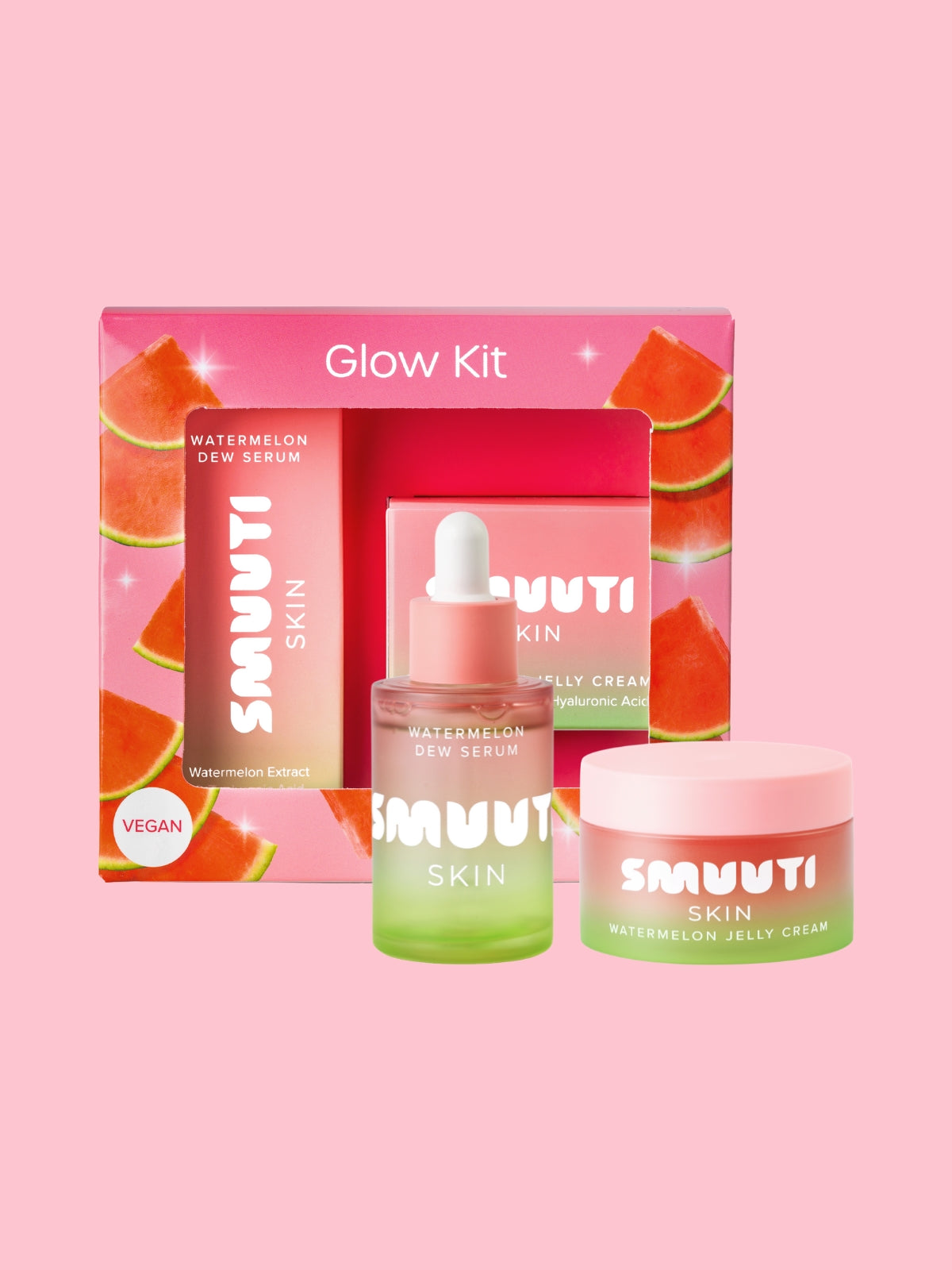Smuuti Skin Glow Kit with watermelon-themed packaging on a pink background