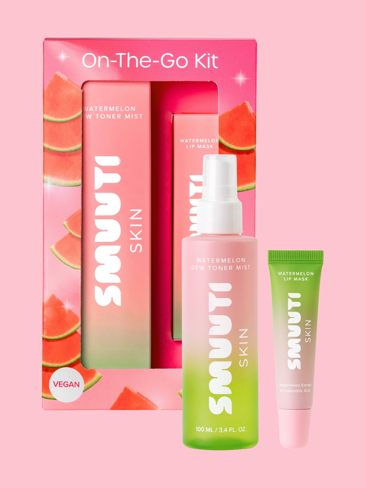 smuuti Skin on-the-go kit with watermelon dew toner mist and watermelon lip mask