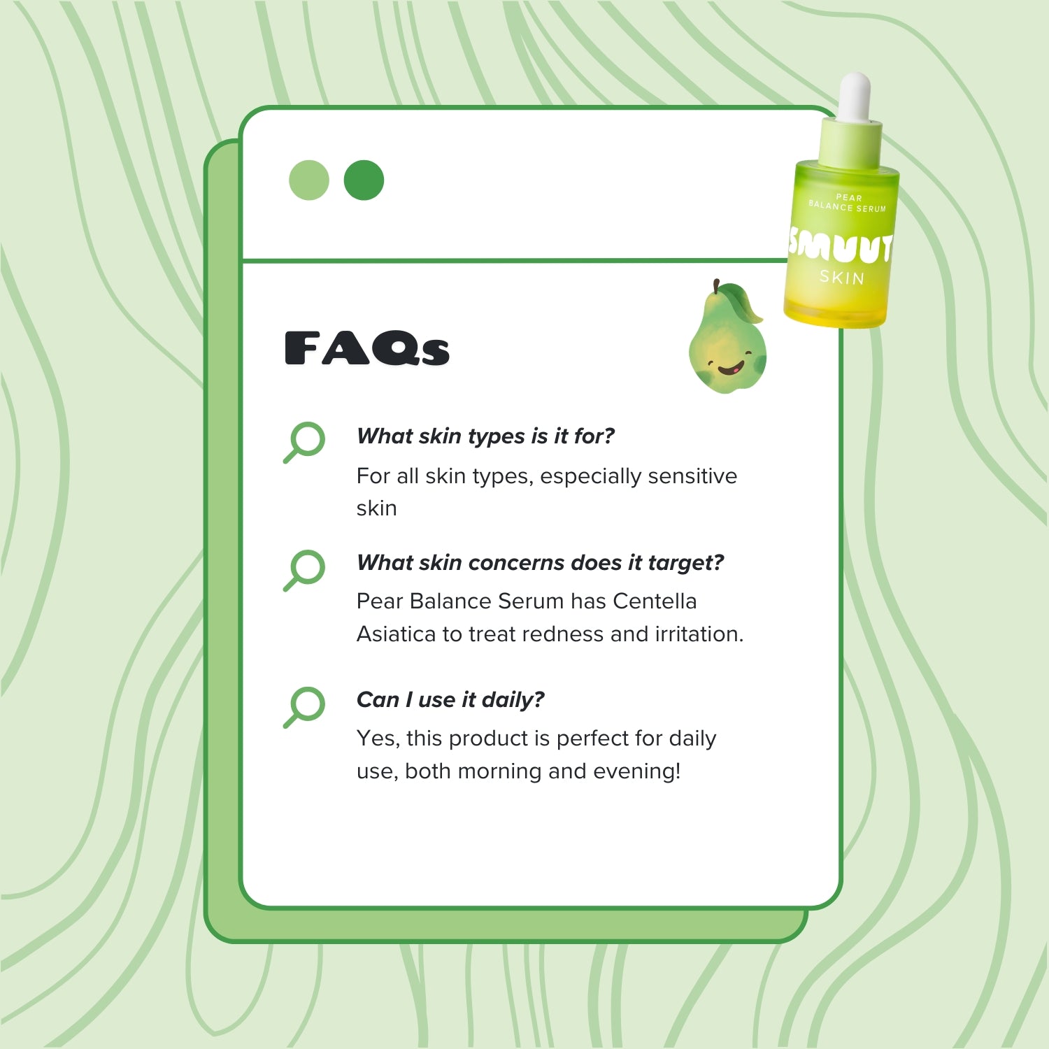 Pear Balance Serum with FAQs on a green background