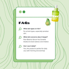 Pear Balance Serum with FAQs on a green background