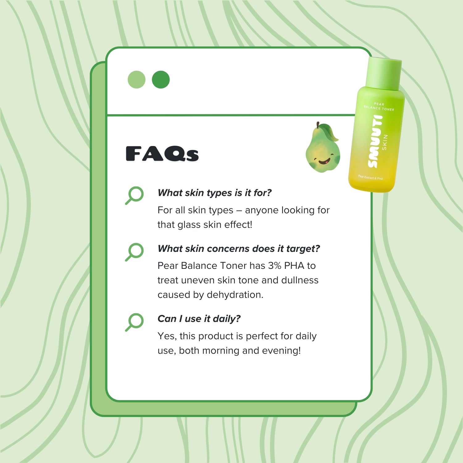 smuuti skin pear balance toner bottle with FAQs on a green background