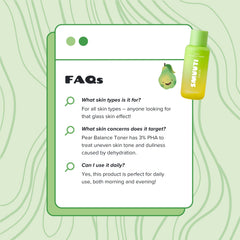 smuuti skin pear balance toner bottle with FAQs on a green background