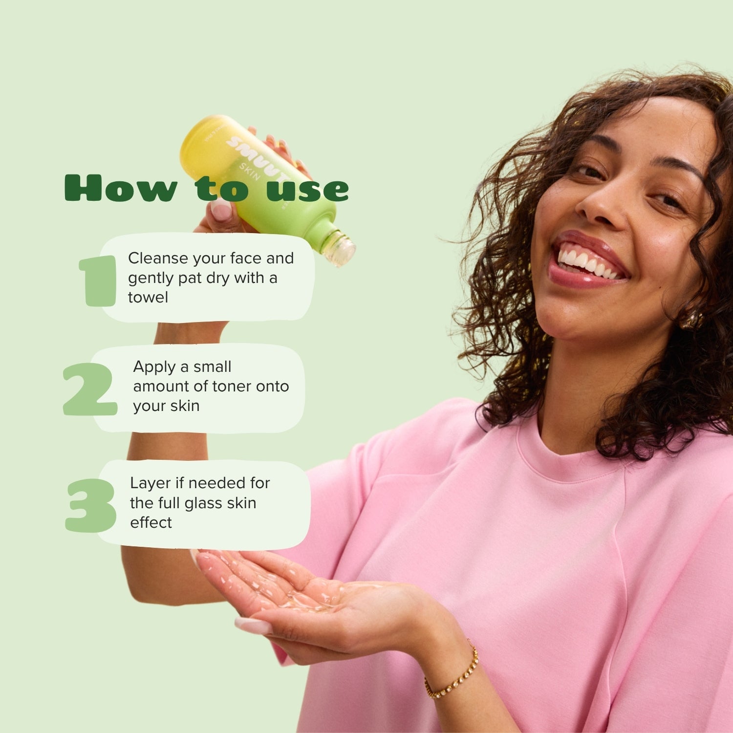 Woman holding a bottle of smuuti skin pear balance toner with instructions on how to use it on a light green background