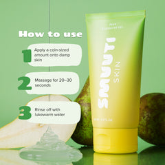 Smuuti Skin pear cleansing gel with usage instructions on a green background