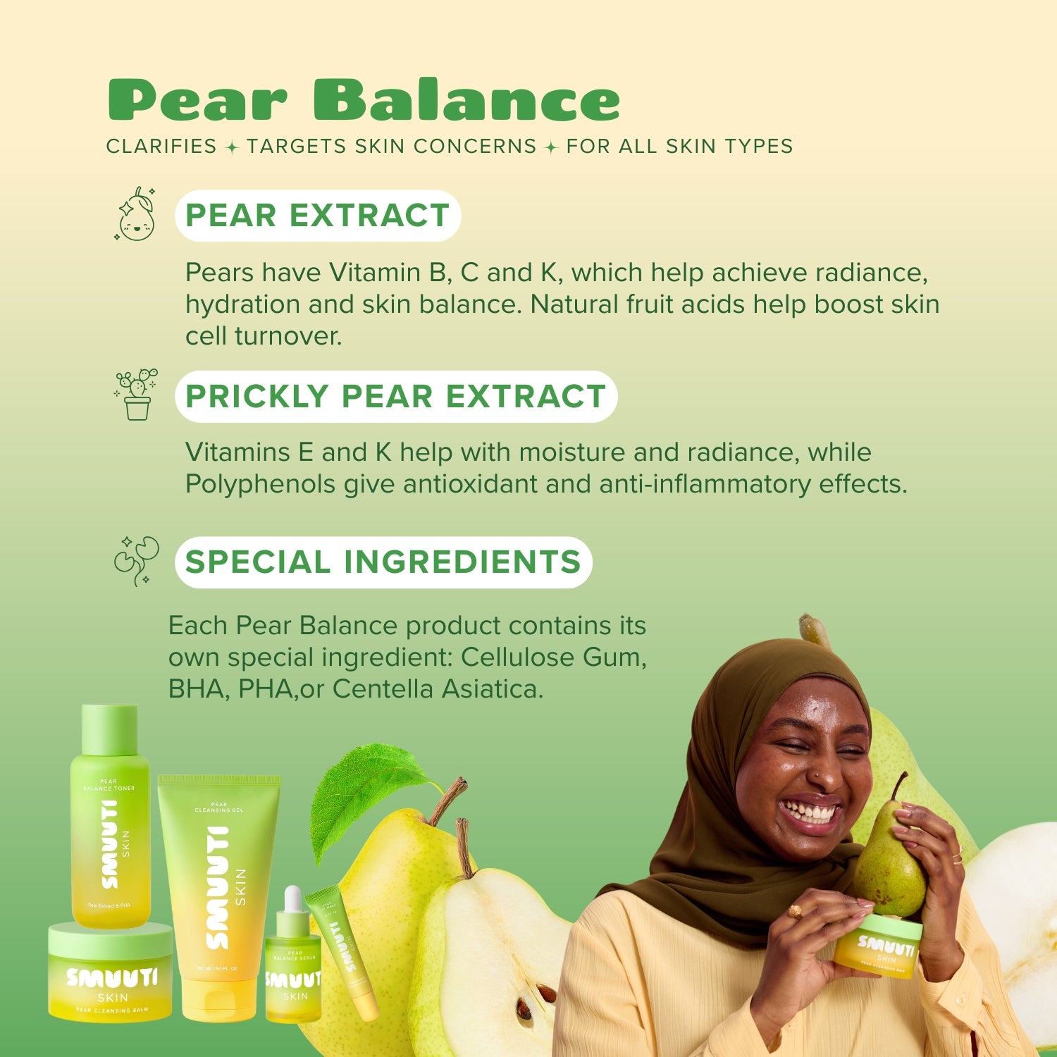 Pear Balance skincare product with ingredients and a model holding a pear.