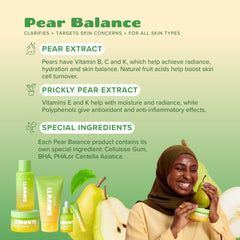Pear Balance skincare product with ingredients and a model holding a pear.