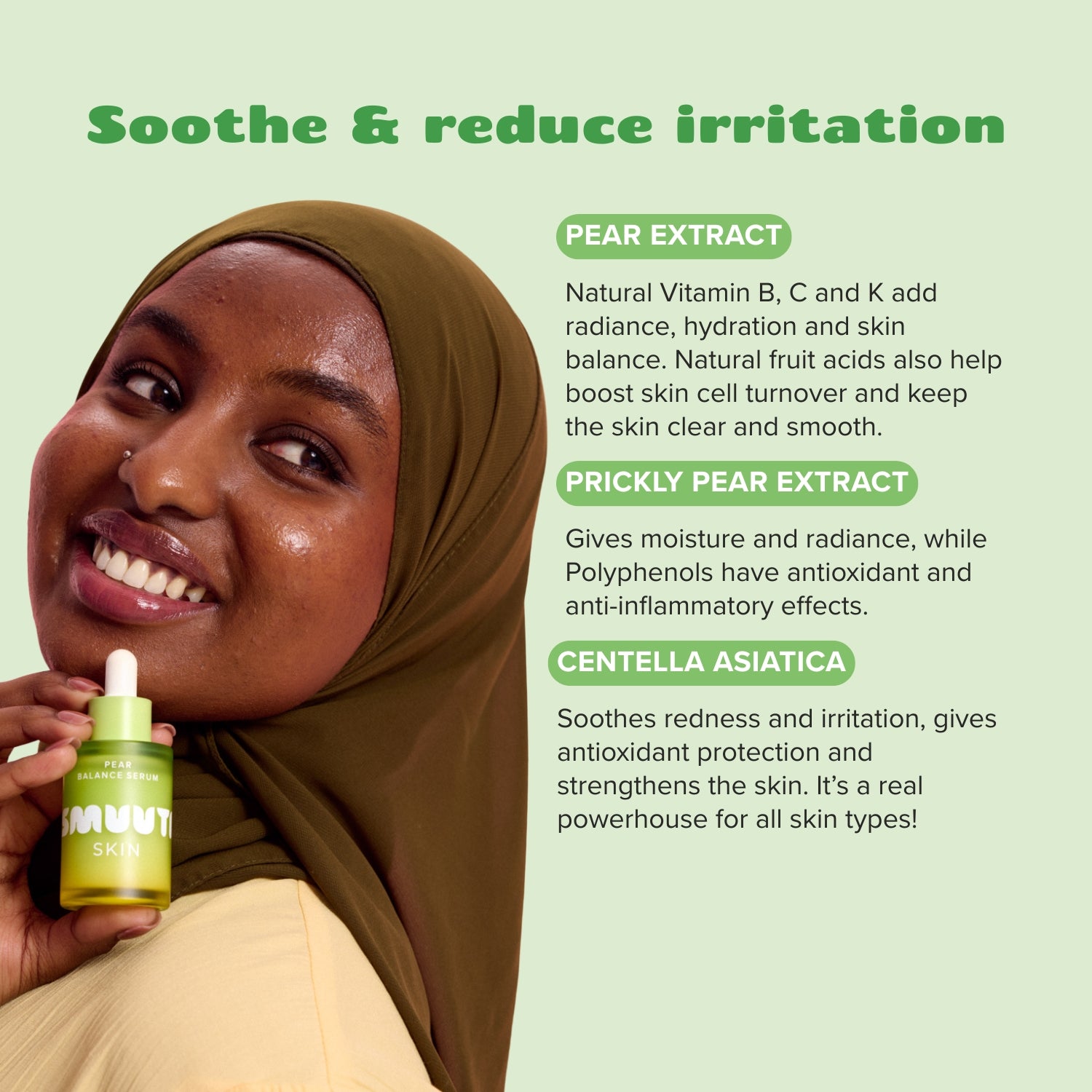 Woman holding smuuti skin pear balance serum with text about ingredient benefits on a light green background