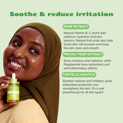 Woman holding smuuti skin pear balance serum with text about ingredient benefits on a light green background