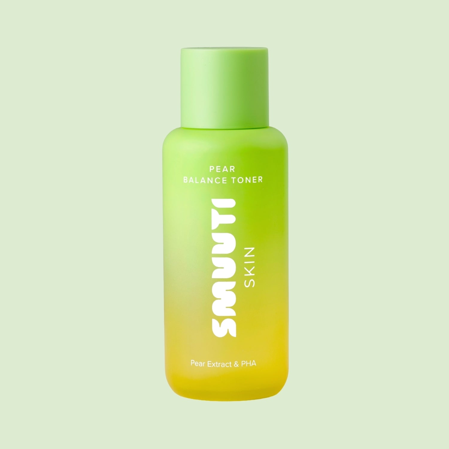 Green bottle of Smuuti Skin Pear Balance Toner on a light green background