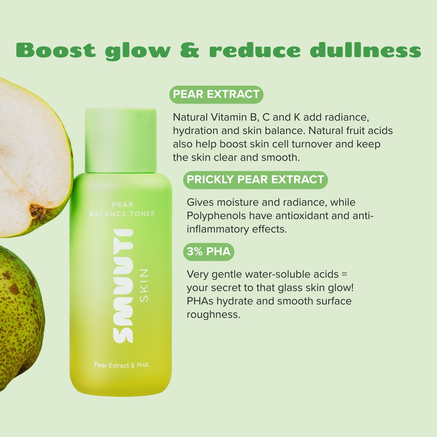 smuuti skin pear balance toner with pear graphics and text about active ingredients on a light green background