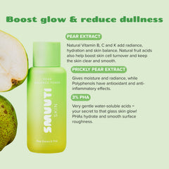 smuuti skin pear balance toner with pear graphics and text about active ingredients on a light green background