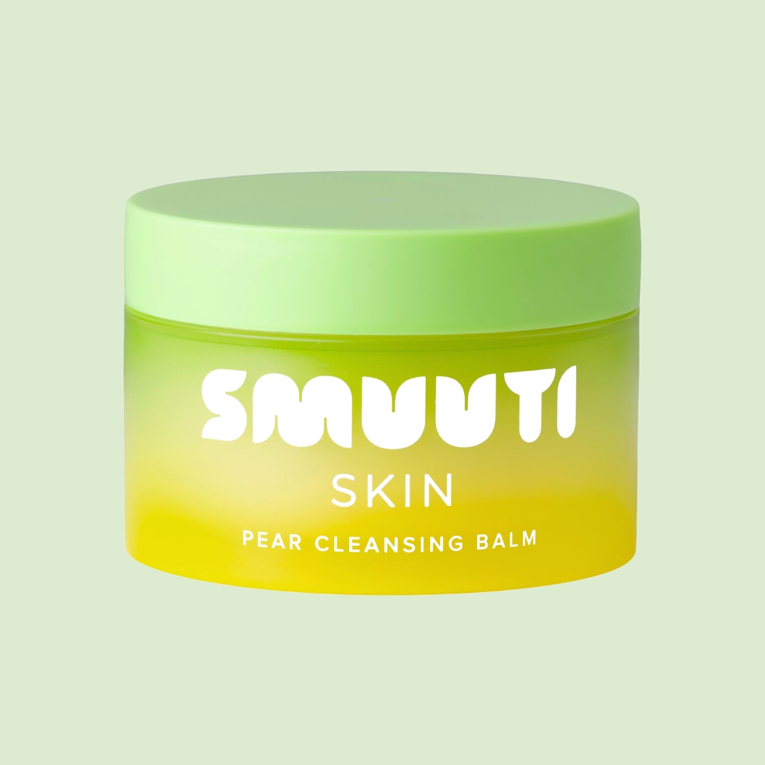 Jar of Smuuti Skin Pear Cleansing Balm with green lid and yellow gradient body on a light green background
