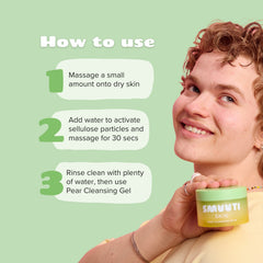 Person holding smuuti skin pear cleansing balm with usage instructions on a light green background