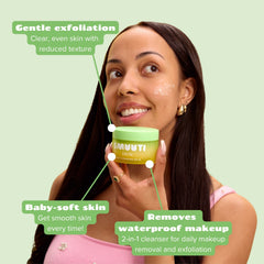 Woman holding a green and yellow container of smuuti skin pear cleansing balm with text about product benefits on a light green background