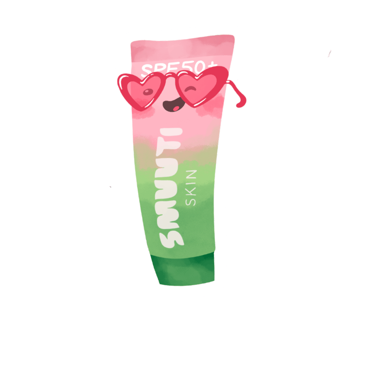 skincare step: sunscreen - moisturizes and protects the skin against UV damage caused by the sun. cartoon tube of a smuuti skin sunscreen