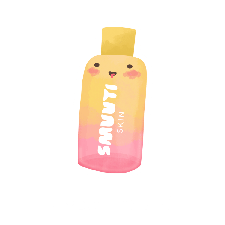 skincare step: toner - balances the skin's pH level after cleansing, hydrates the skin and helps other skincare products absorb better. cartoon jar of a smuuti skin toner