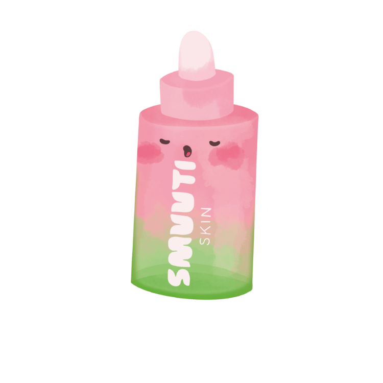 skincare step: serum - apply serum to treat specific skin concerns with a concentrated formula. cartoon bottle of a smuuti skin serum