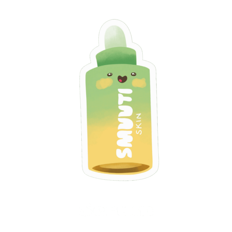 skincare step: serum - apply serum to treat specific skin concerns with a concentrated formula. cartoon bottle of a smuuti skin serum