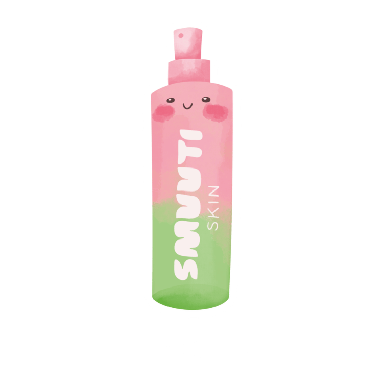 skincare step: toner - balances the skin's pH level after cleansing, hydrates the skin and helps other skincare products absorb better. cartoon jar of a smuuti skin toner