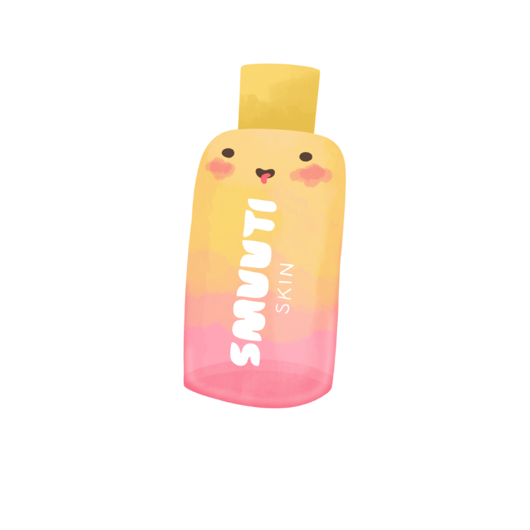 skincare step: toner - balances the skin's pH level after cleansing, hydrates the skin and helps other skincare products absorb better. cartoon jar of a smuuti skin toner