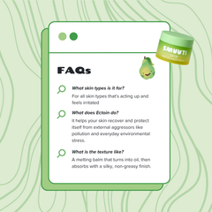 A green and white FAQ card for Smuuti Ectoin Moisturizing Cream, featuring product details and benefits on a light green patterned background.