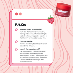 An informational FAQ graphic for SMUUTI Skin Strawberry Boost Capsule Cream, featuring a pink tablet with text answers on a pink wavy background, alongside the red and white product jar.