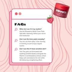 A pink and white FAQ graphic for SMUUTI SKIN toner pads, featuring product text and a red jar of the product on a pink wavy background.