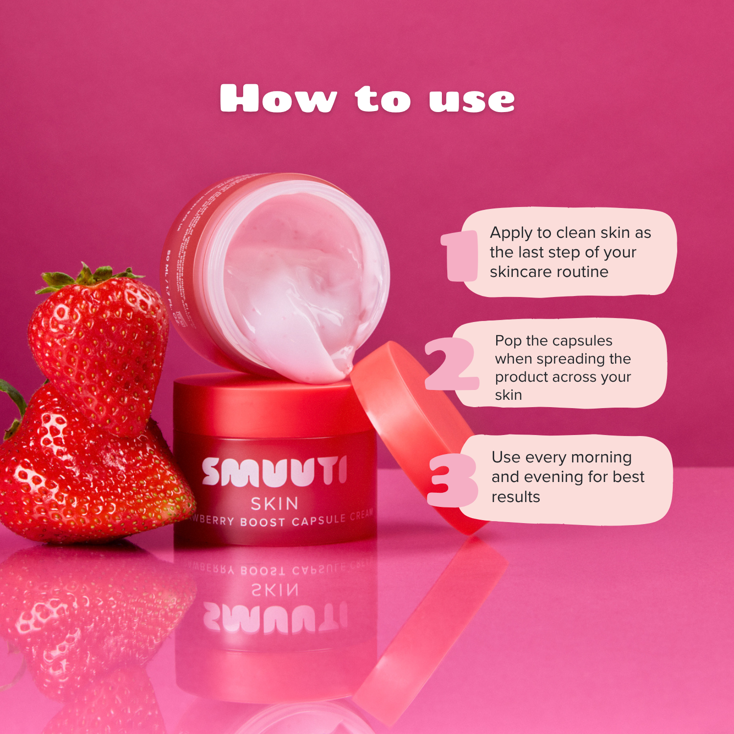 SMUUTI Skin Strawberry Boost Capsule Cream jar shown with strawberries on a pink background, with a 'How to use' instruction graphic and three numbered steps on the right.