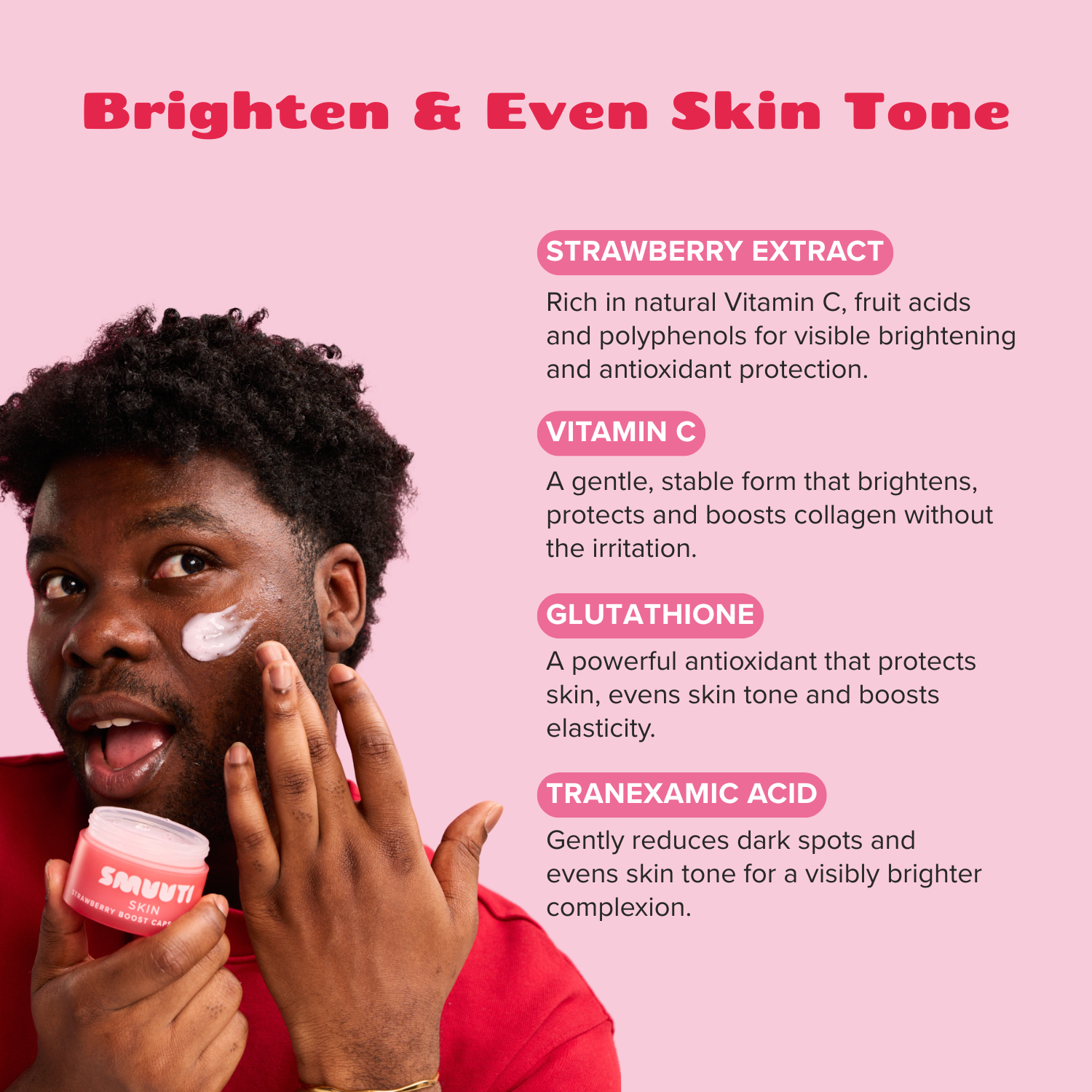 A promotional graphic with a man applying cream to his face while holding a pink jar labeled 'SMUUTII'. The background is pink with text highlighting ingredients like Strawberry Extract, Vitamin C, Glutathione, and Tranexamic Acid, and the headline 'Brighten & Even Skin Tone'.