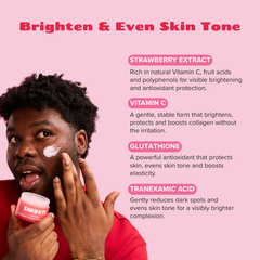 A promotional graphic with a man applying cream to his face while holding a pink jar labeled 'SMUUTII'. The background is pink with text highlighting ingredients like Strawberry Extract, Vitamin C, Glutathione, and Tranexamic Acid, and the headline 'Brighten & Even Skin Tone'.