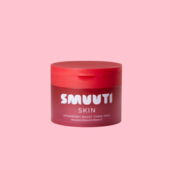A jar of SMUUTI SKIN Strawberry Boost Toner Pads, featuring a dark red body and a bright red lid, set against a solid light pink background.